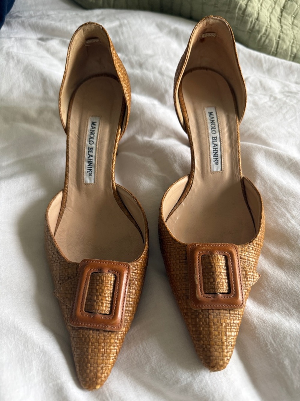 Manolo Blahnik Woven Tan Pointed D'Orsay Pumps with Buckle